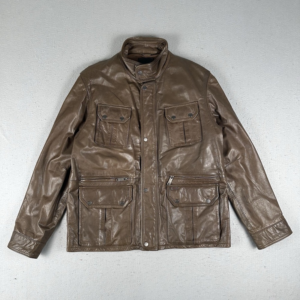 Tumi Leather Jacket Men's 2XL‎ Brown Aviator Field Military Pockets Full Zip
